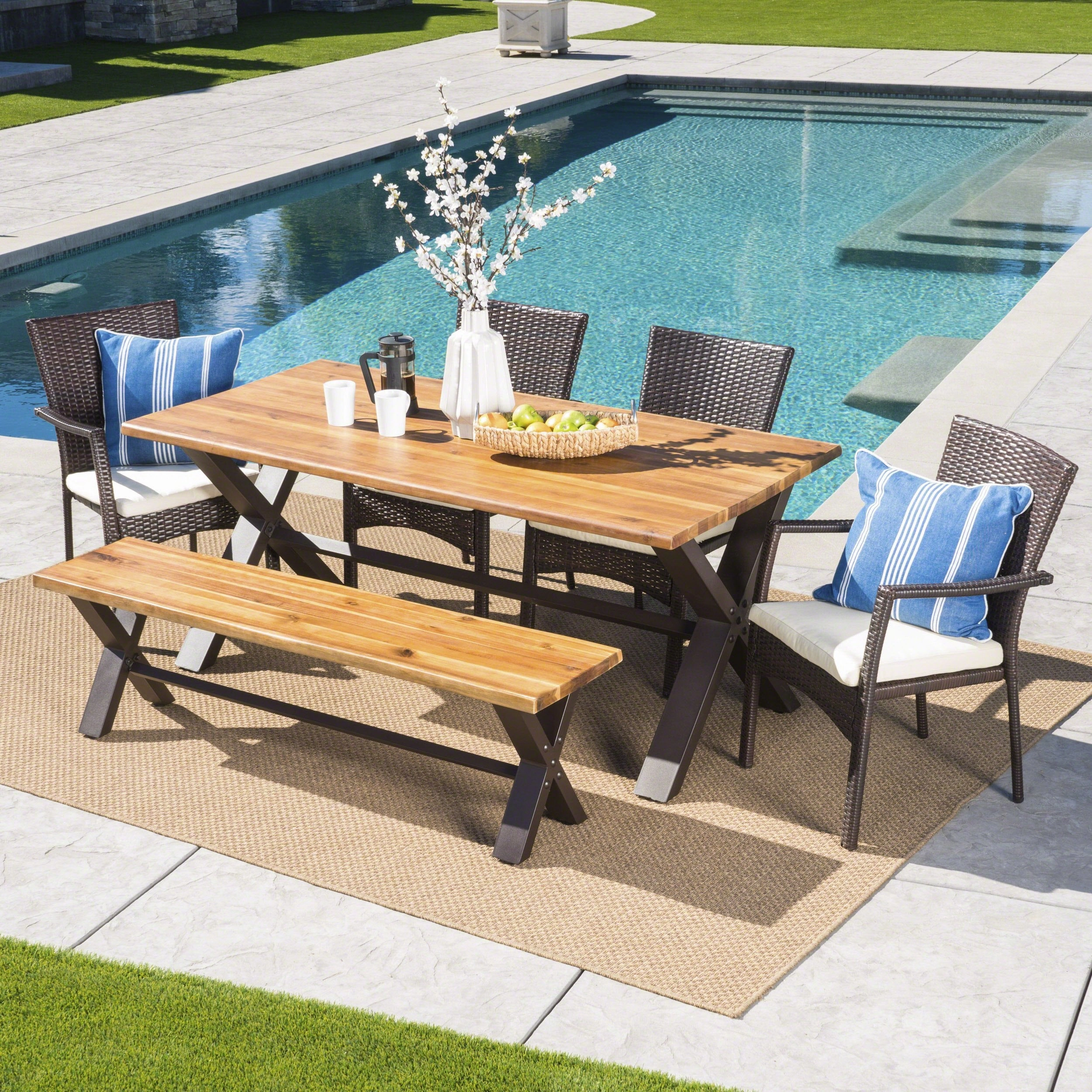 Outdoor 6 Piece Acacia Wood Dining Set with Wicker Dining Chairs - NH297203 outdoor lounge chair, patio sofa