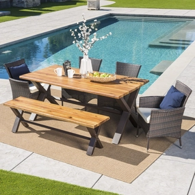 Outdoor 6 Piece Acacia Wood Dining Set with Wicker Dining Chairs - NH397203 outdoor lounge chair, patio sofa