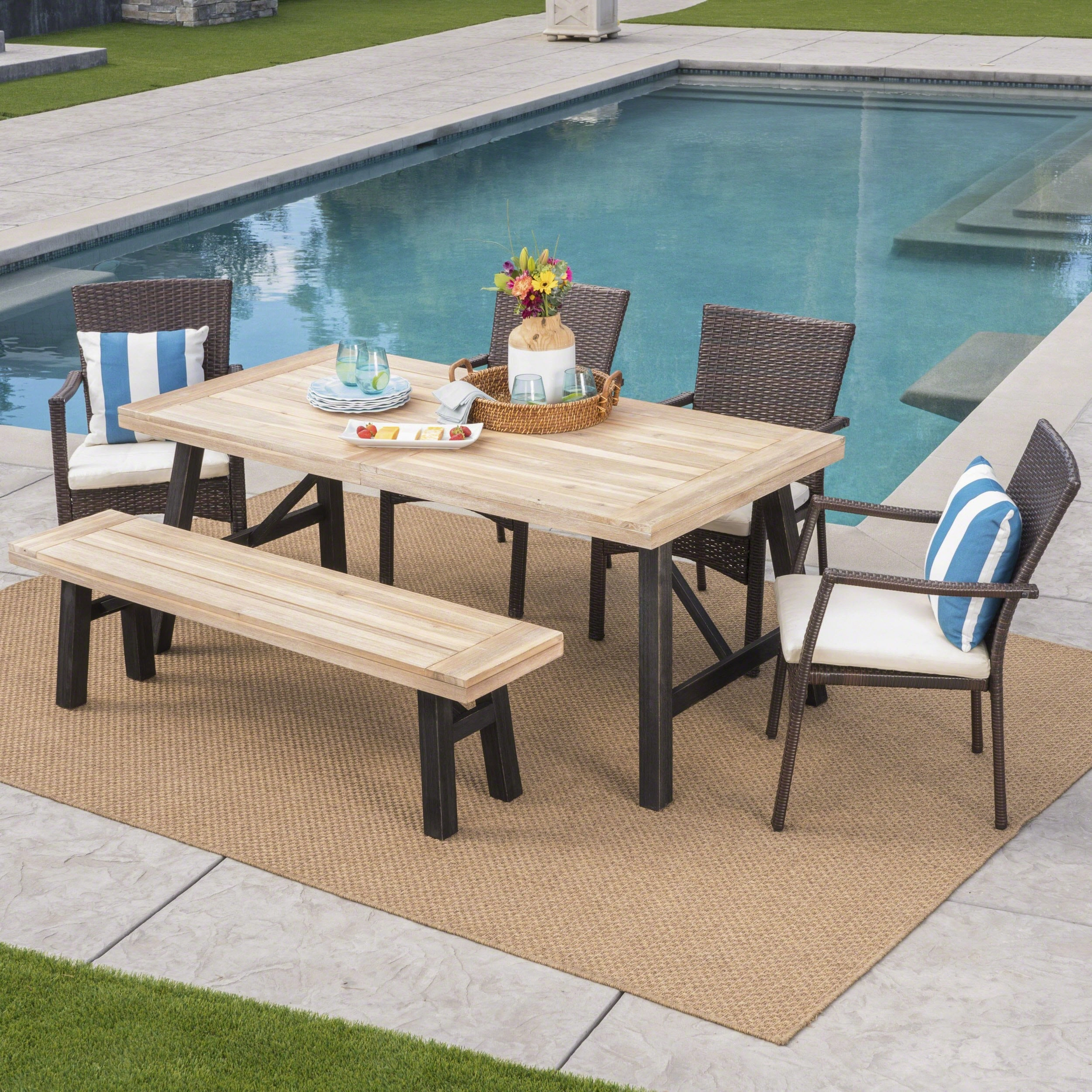 Outdoor 6 Piece Acacia Wood Dining Set with Wicker Dining Chairs - NH587203 outdoor lounge chair, patio sofa