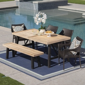 Outdoor 6 Piece Acacia Wood Dining Set with Wicker Stacking Chairs - NH487203 outdoor lounge chair, patio sofa