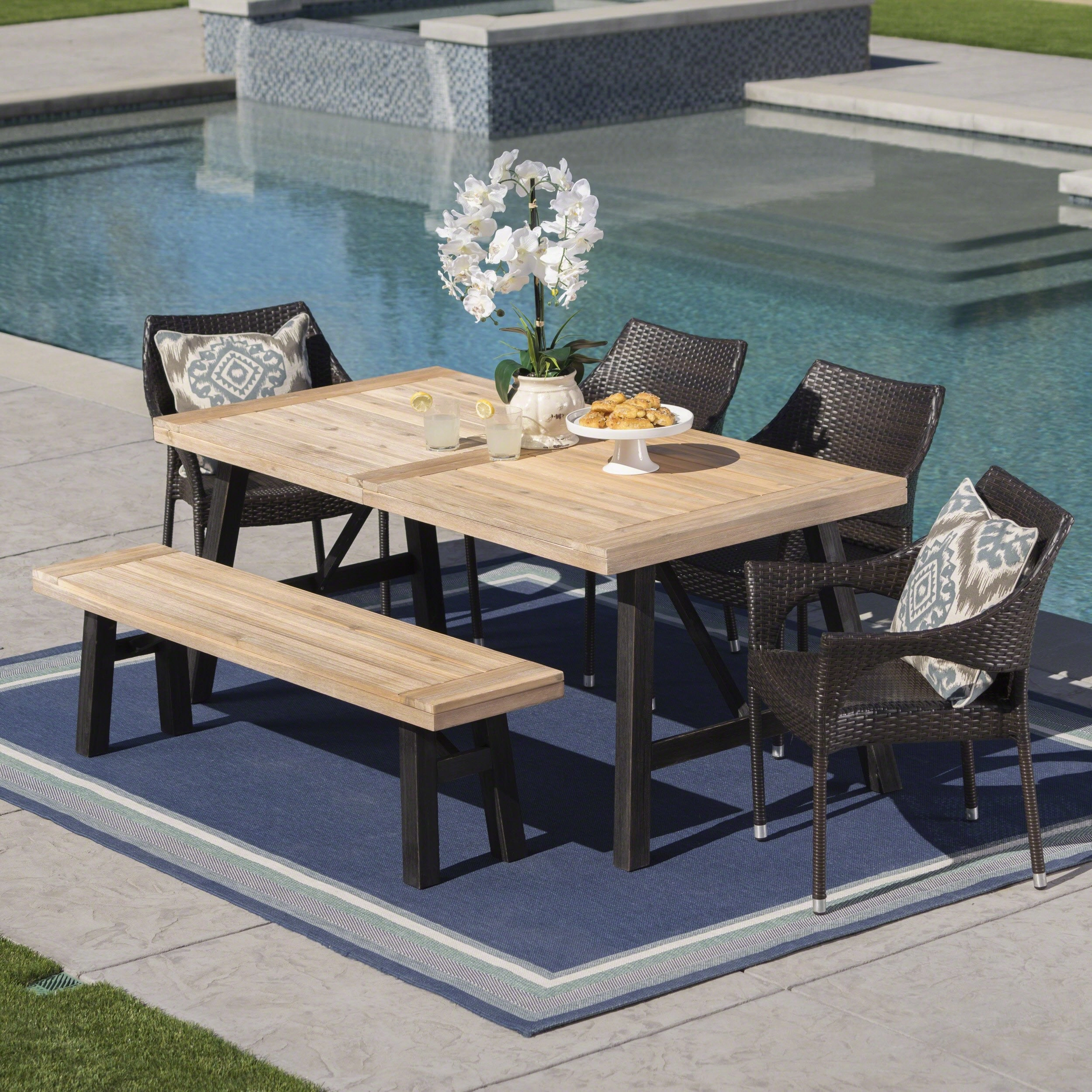 Outdoor 6 Piece Acacia Wood Dining Set with Wicker Stacking Chairs - NH487203 outdoor lounge chair, patio sofa