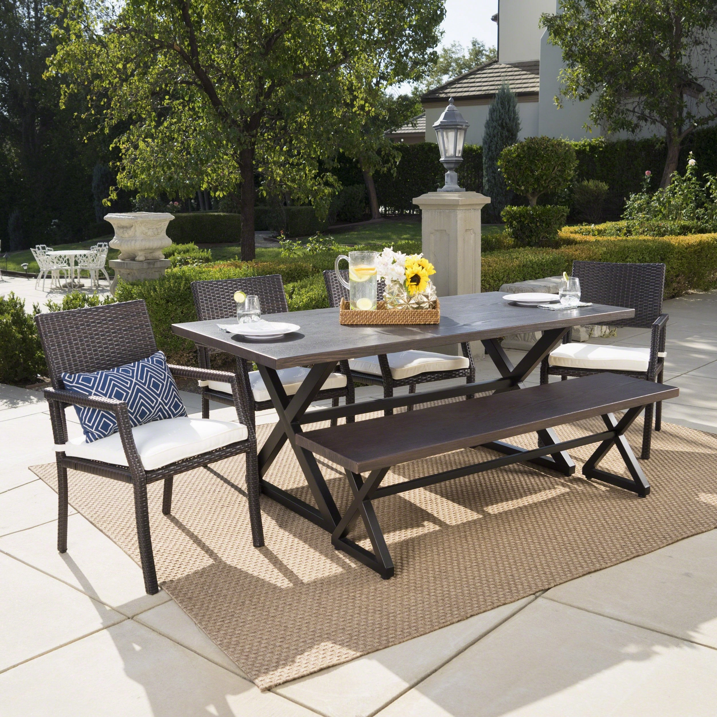 Outdoor 6 Piece Aluminum Dining Set with Bench and Wicker Dining Chairs - NH894203 outdoor lounge chair, patio sofa