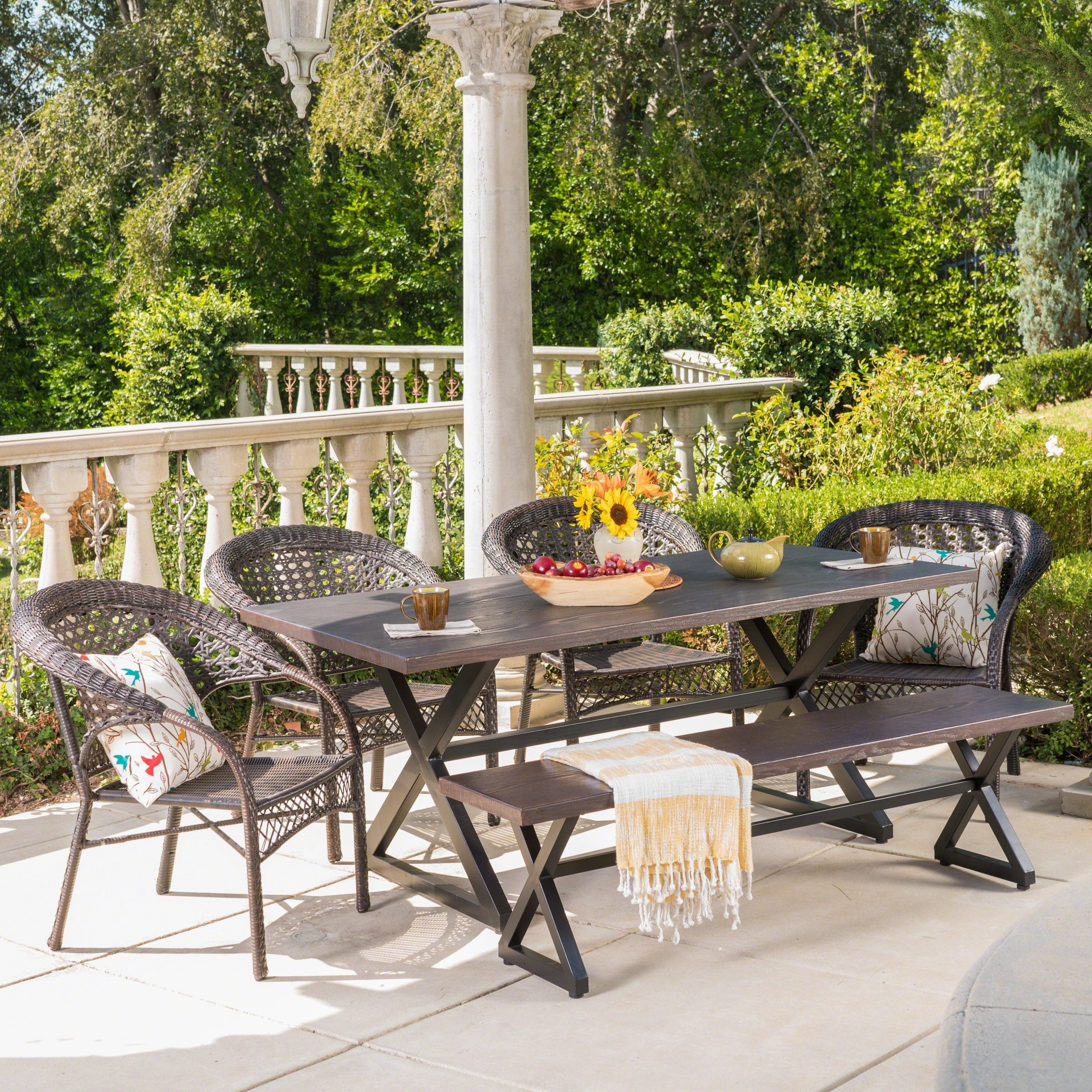 Outdoor 6 Piece Aluminum Dining Set with Bench and Wicker Stacking Chairs - NH194203 outdoor lounge chair, patio sofa
