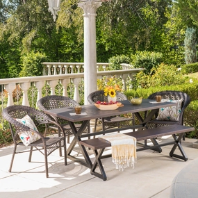 Outdoor 6 Piece Aluminum Dining Set with Bench and Wicker Stacking Chairs - NH194203 outdoor lounge chair, patio sofa