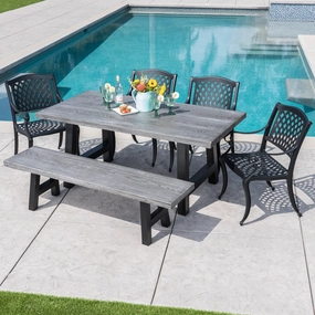 Outdoor 6 Piece Black Sand Aluminum Dining Set with Light Weight Concrete Table and Bench - NH108303 outdoor lounge chair, patio sofa