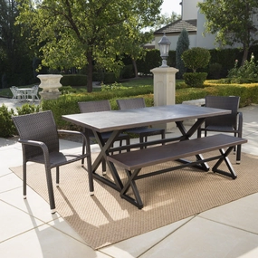Outdoor 6 Piece Brown Aluminum Dining Set with Bench and Stacking Chairs - NH394203 outdoor lounge chair, patio sofa