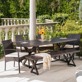 Outdoor 6 Piece Brown Aluminum Dining Set with Bench and Wicker Dining Chairs - NH494203 outdoor lounge chair, patio sofa