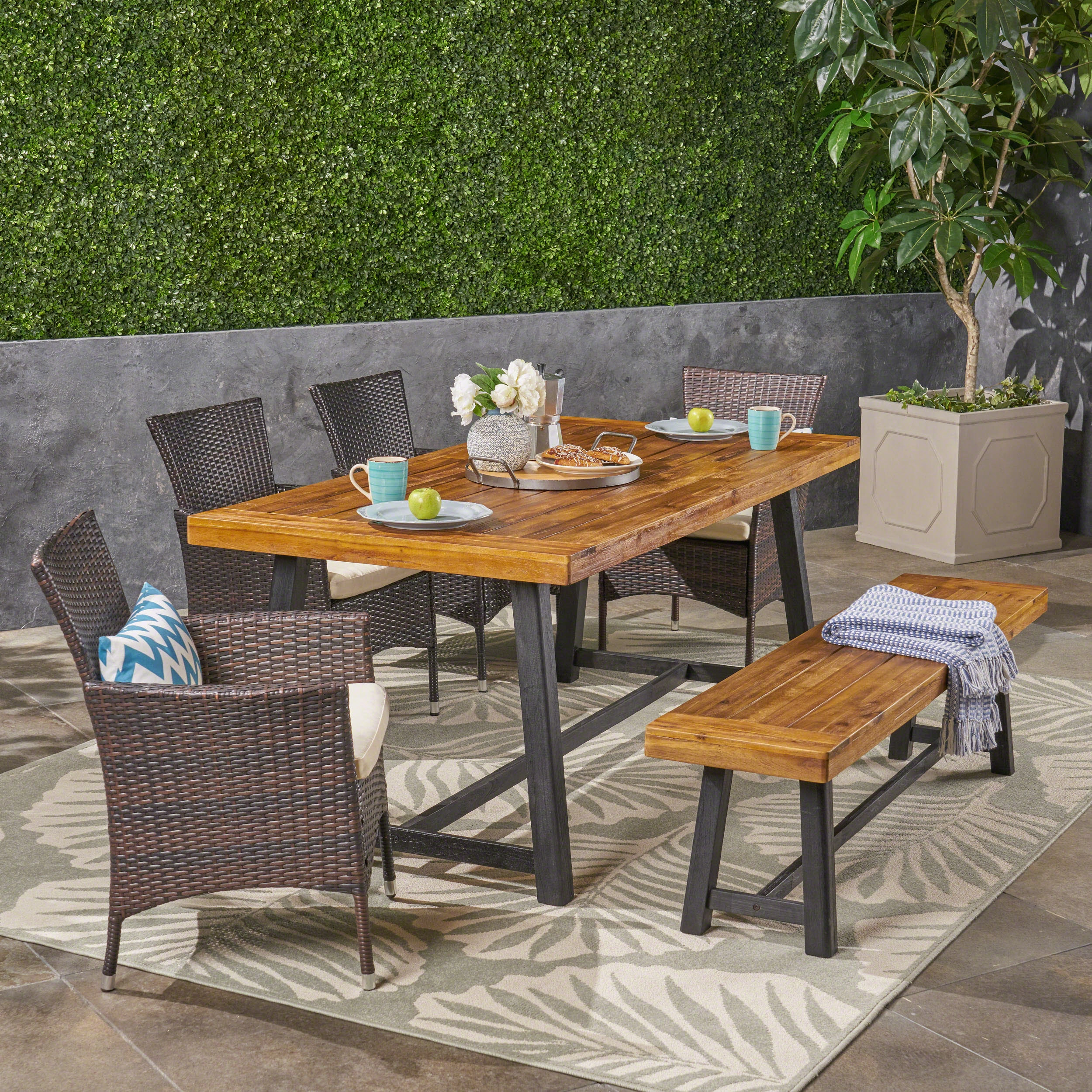 Outdoor 6 Piece Dining Set with Stacking Wicker Chairs and Bench, Sandblast Teak and Black and Multi Brown - NH152603 outdoor lounge chair, patio sofa