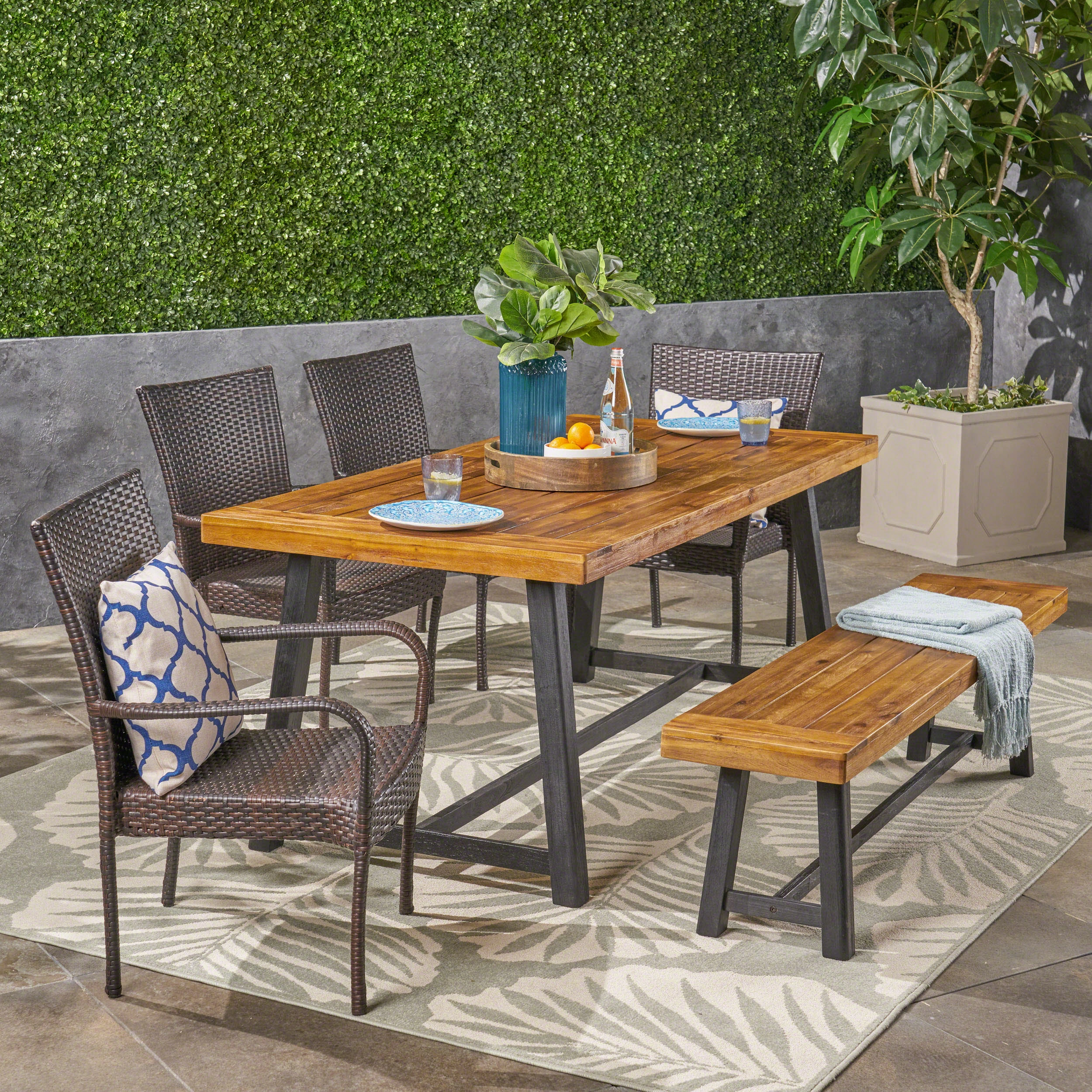 Outdoor 6 Piece Dining Set with Wicker Chairs and Bench, Sandblast Teak and Multi Brown and Beige - NH342603 outdoor lounge chair, patio sofa