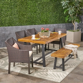 Outdoor 6 Piece Dining Set with Wicker Chairs and Bench, Sandblast Teak and Multi Brown and Beige - NH742603 outdoor lounge chair, patio sofa