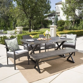 Outdoor 6 Piece Gray Aluminum Dining Set with Bench and Gray Wicker Dining Chairs - NH594203 outdoor lounge chair, patio sofa