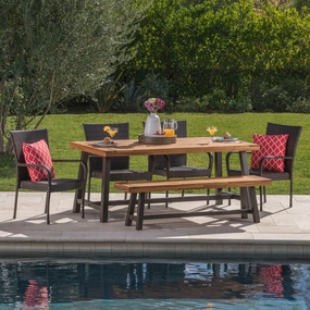 Outdoor 6 Piece Iron and Acacia Wood Dining Set with Wicker Stacking Chairs - NH735103 outdoor lounge chair, patio sofa