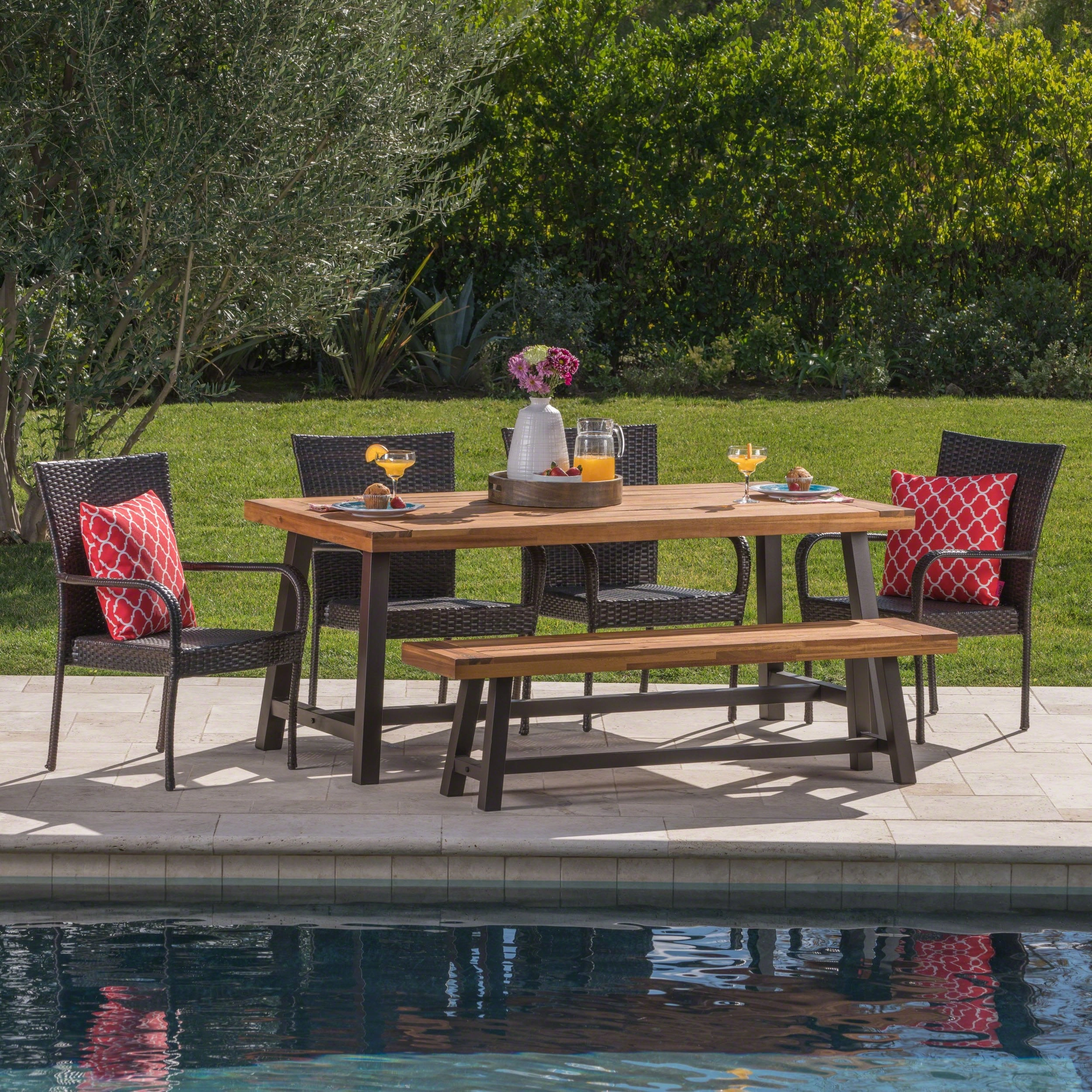 Outdoor 6 Piece Iron and Acacia Wood Dining Set with Wicker Stacking Chairs - NH735103 outdoor lounge chair, patio sofa