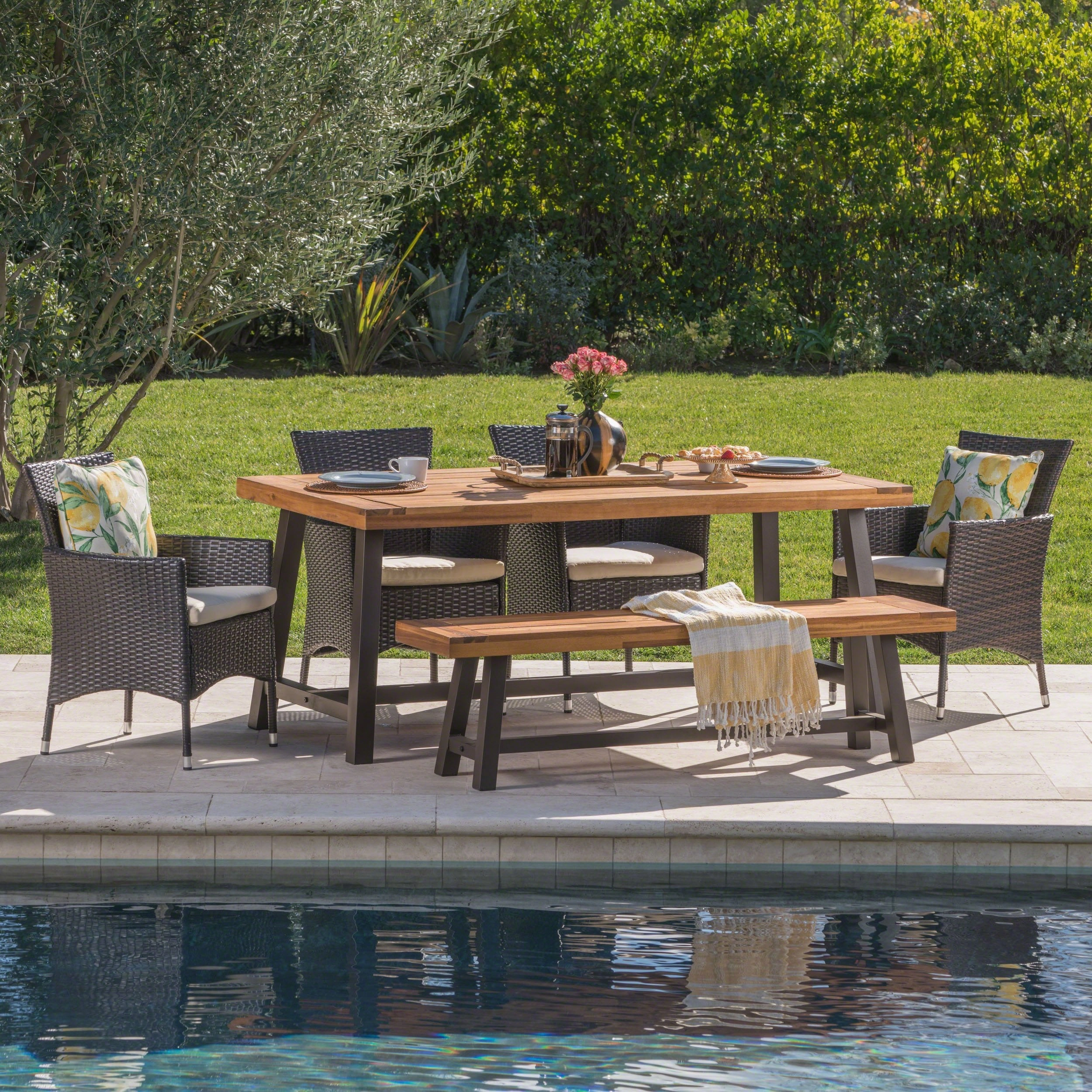 Outdoor 6 Piece Iron and Sandblast Finished Acacia Wood Dining Set - NH935103 outdoor lounge chair, patio sofa