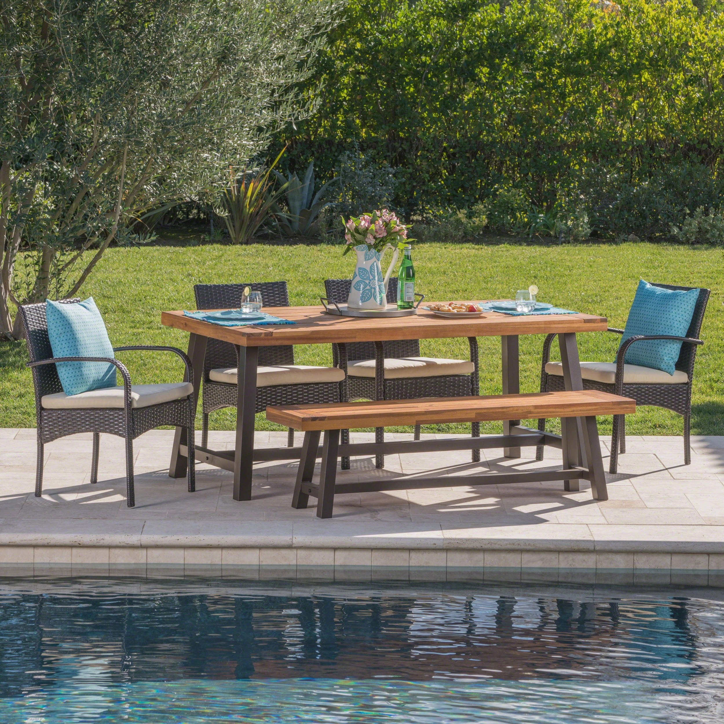 Outdoor 6 Piece Iron and Wood Dining Set with 4 Wicker Dining Chairs - NH045103 outdoor lounge chair, patio sofa