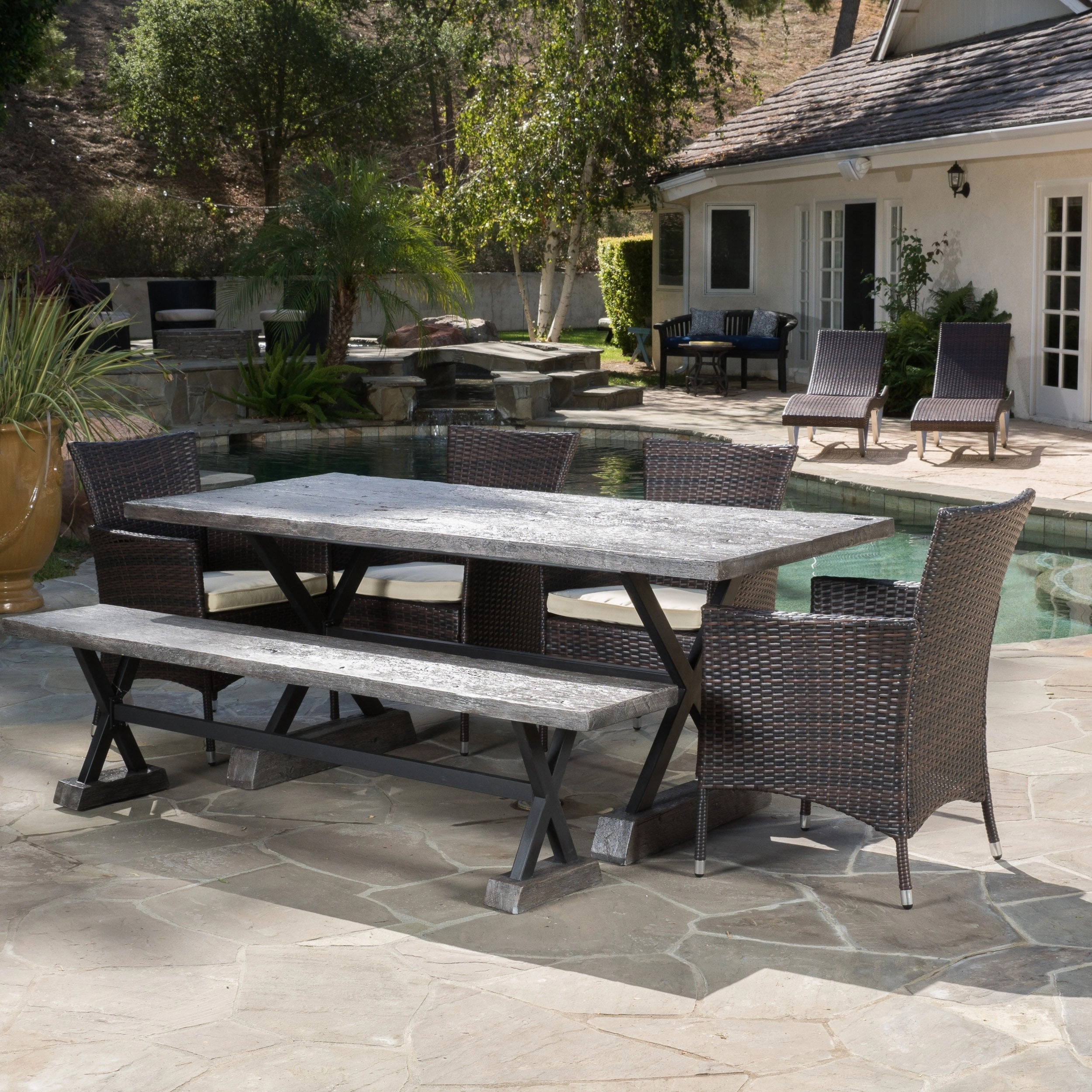 Outdoor 6 Piece Lightweight Concrete Dining Set with Bench - NH119592 outdoor lounge chair, patio sofa