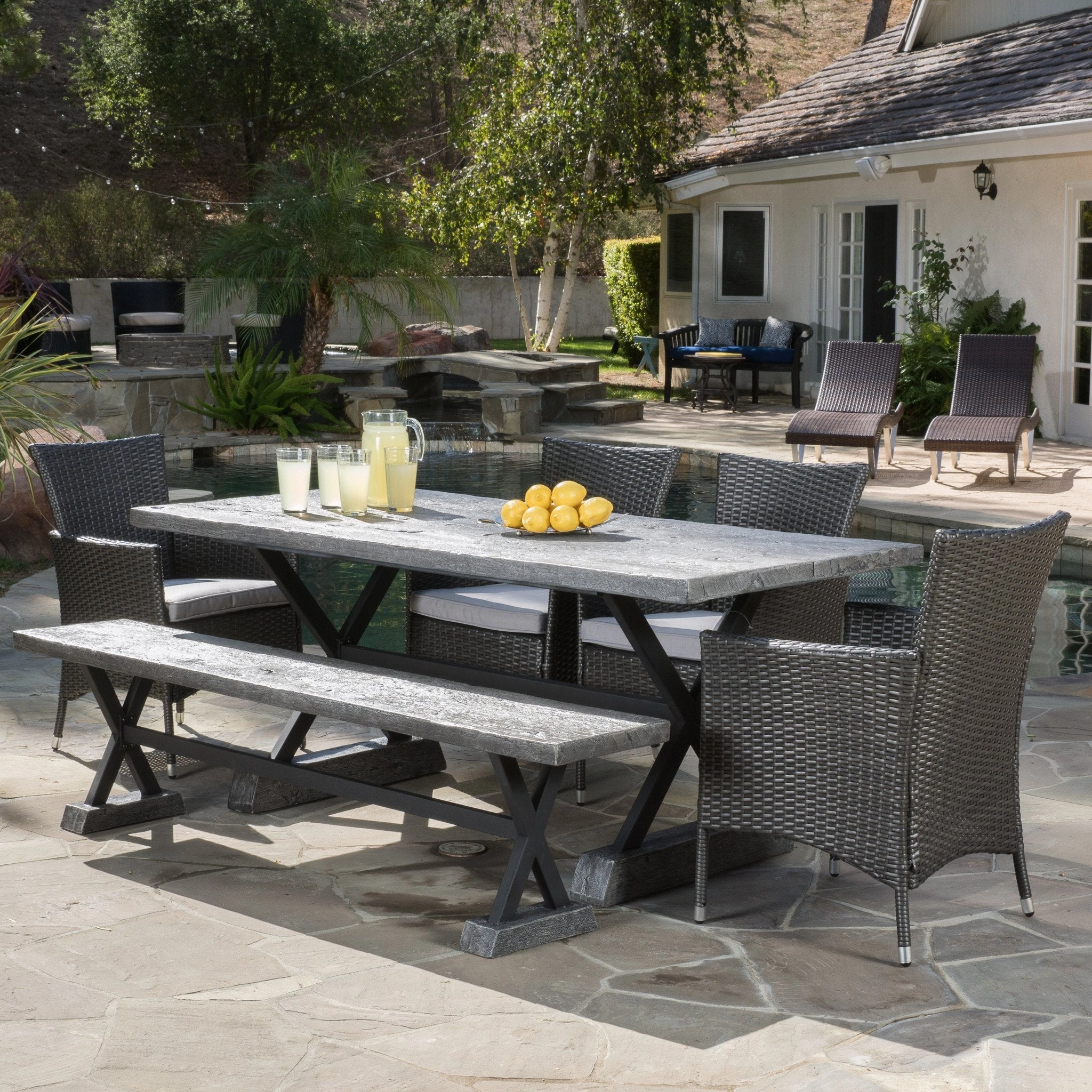 Outdoor 6 Piece Lightweight Concrete Dining Set with Bench - NH809592 outdoor lounge chair, patio sofa