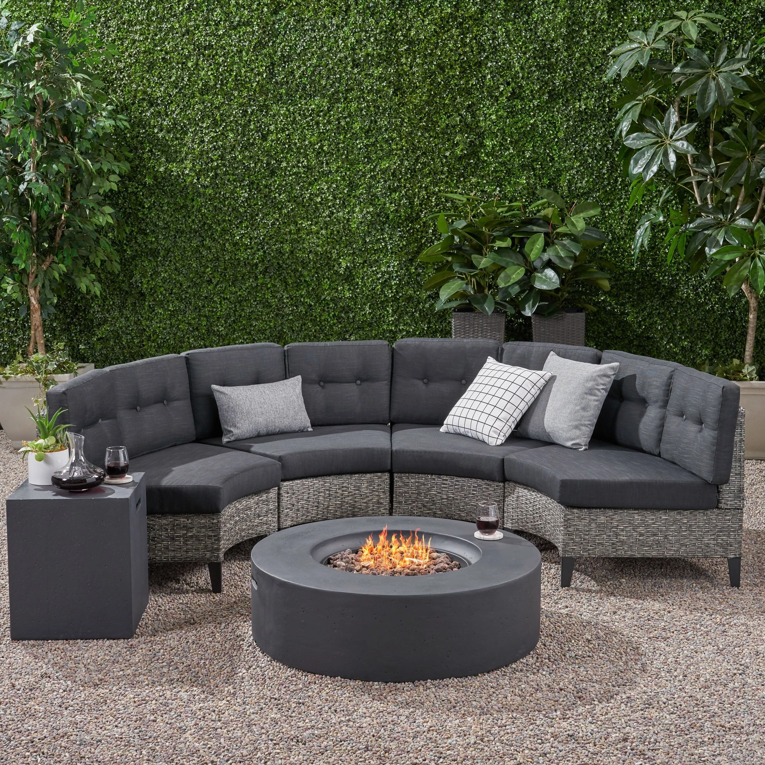 Outdoor 6 Piece Mixed Black Wicker Half Round Sofa Set with Dark Grey Fire Table - NH288992 outdoor furniture, garden bench