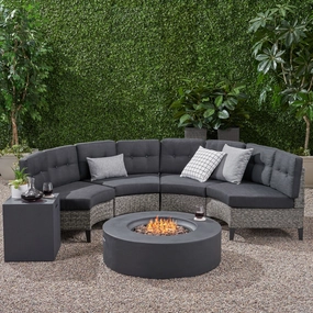 Outdoor 6 Piece Mixed Black Wicker Half Round Sofa Set with Dark Grey Fire Table - NH288992 outdoor furniture, garden bench
