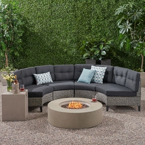 Outdoor 6 Piece Mixed Black Wicker Half Round Sofa Set with Light Grey Fire Table - NH388992 outdoor furniture, garden bench