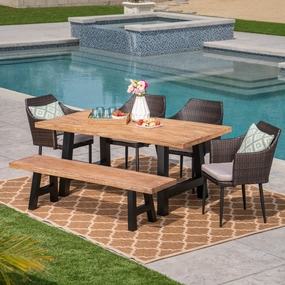 Outdoor 6 Piece Multibrown Wicker Dining Set with Natural Oak Finish Light Weight Concrete Table and Bench and Textured Beige Water Resistant Cushions - NH097303 outdoor lounge chair, patio sofa