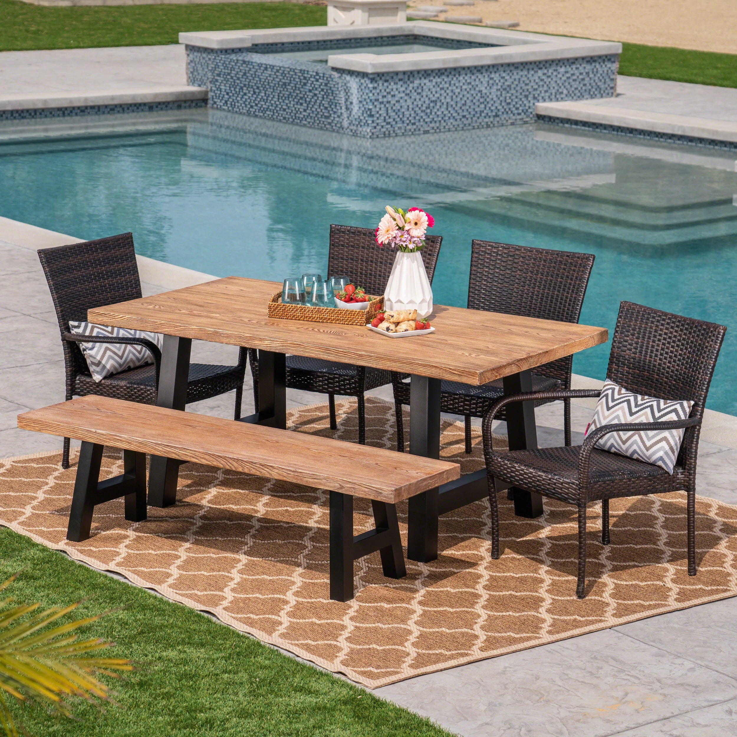Outdoor 6-Piece Stacking Wicker and Concrete Lightweight Dining Set with Natural Oak Finish in Multibrown - NH297303 outdoor lounge chair, patio sofa