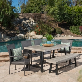 Outdoor 6 Piece Stacking Wicker Dining Set with Acacia Wood Table and Bench - NH909303 outdoor lounge chair, patio sofa