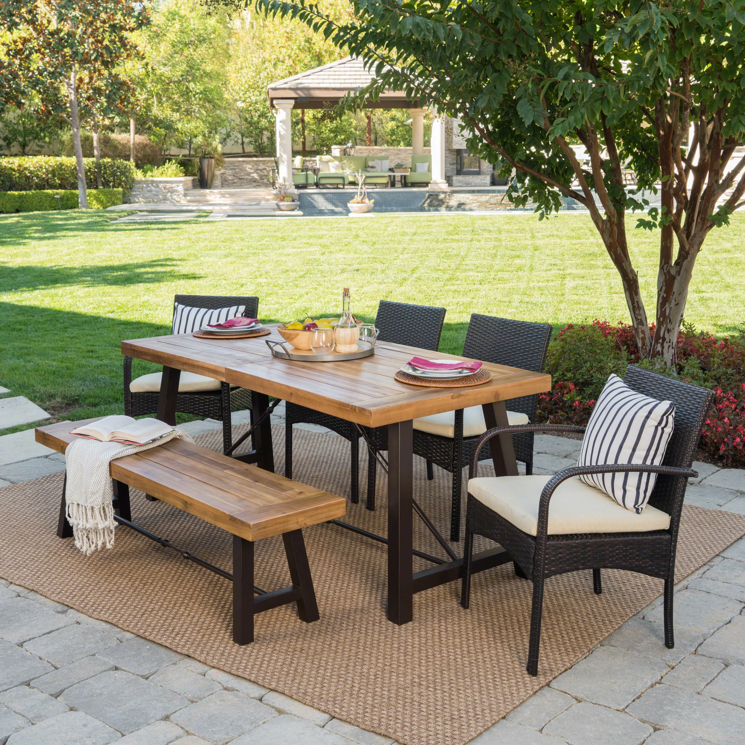 Outdoor 6 Piece Teak Finished Acacia Wood Dining Set with Dining Chairs - NH855203 outdoor lounge chair, patio sofa