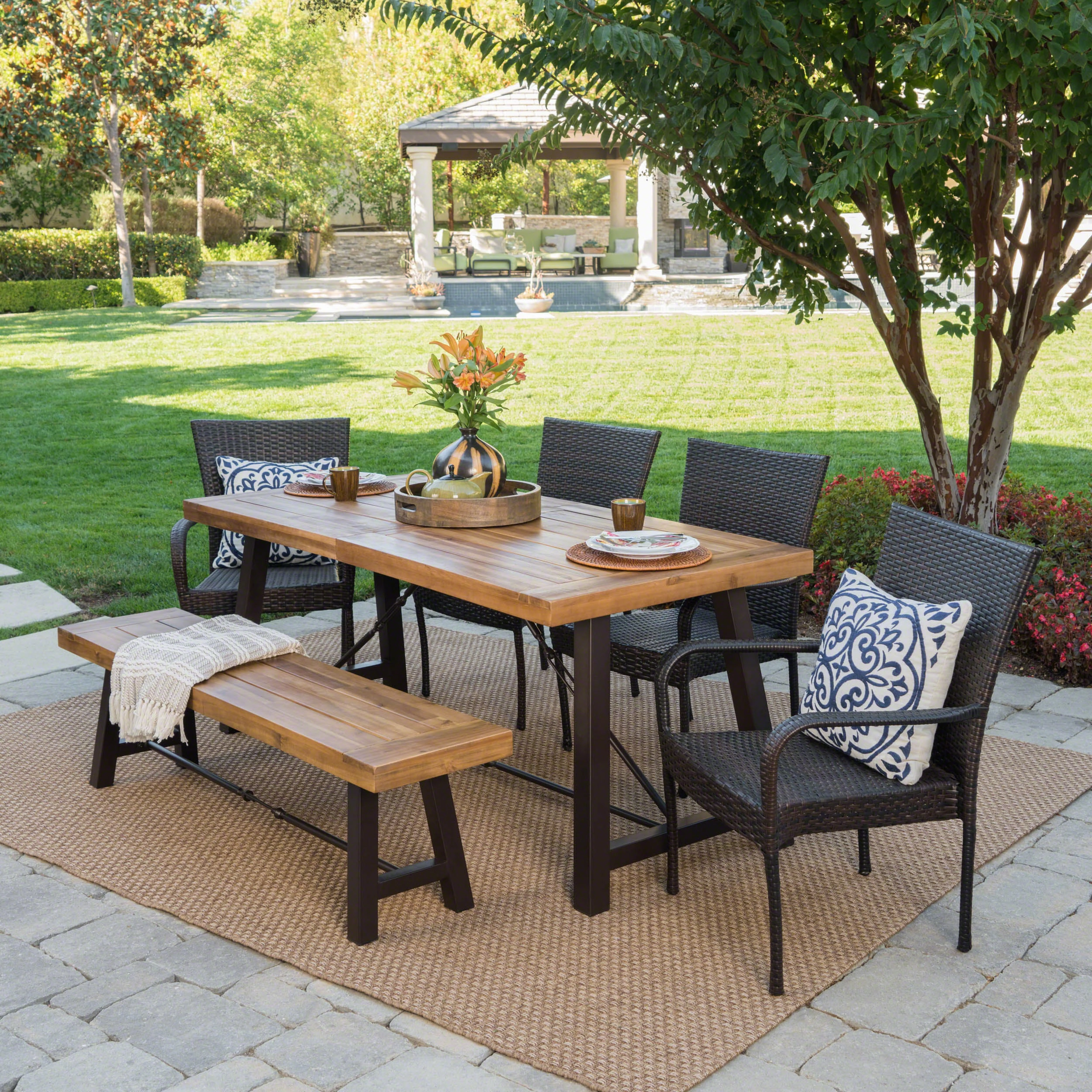 Outdoor 6 Piece Teak Finished Acacia Wood Dining Set with Multi-brown Chairs - NH165203 outdoor lounge chair, patio sofa