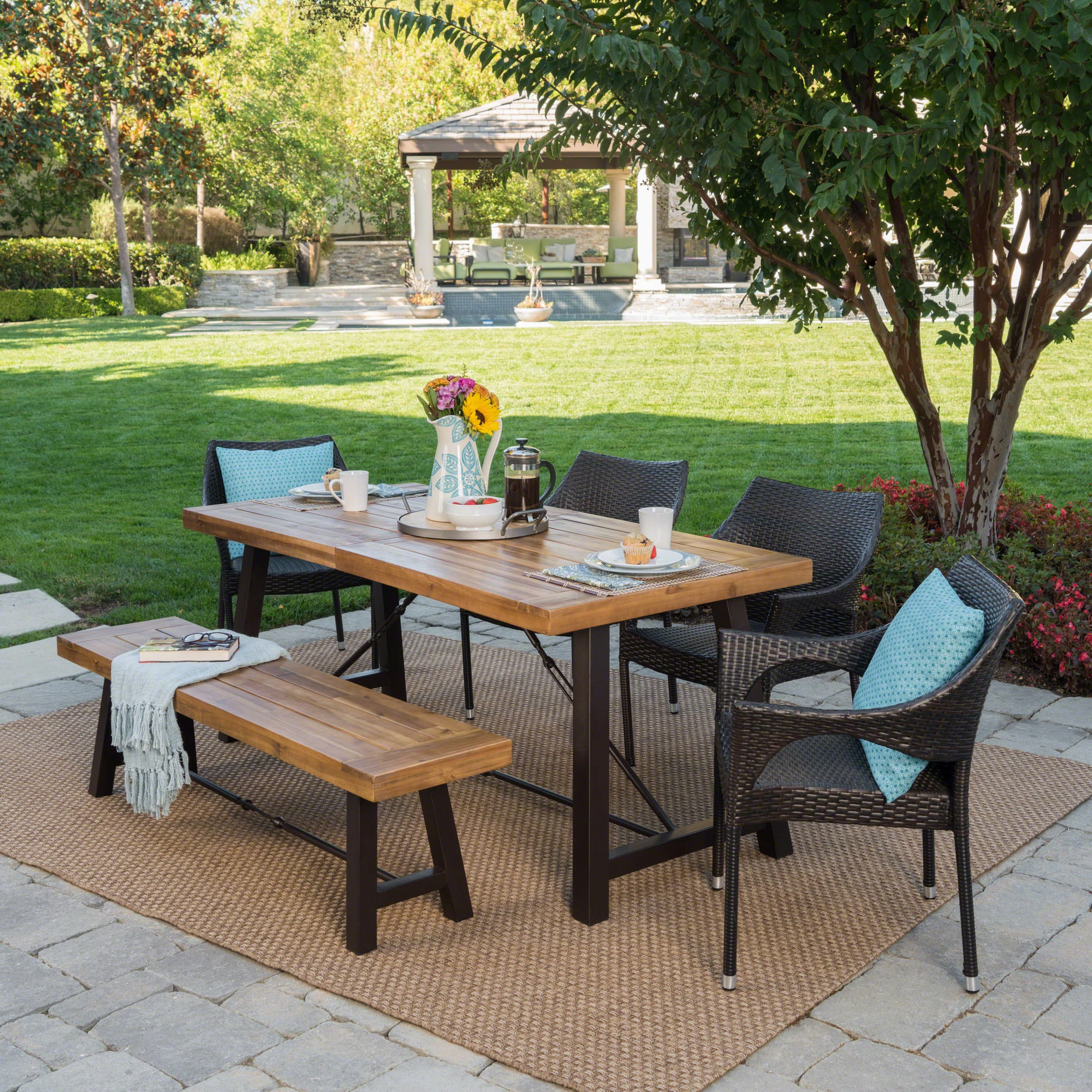 Outdoor 6 Piece Teak Finished Acacia Wood Dining Set with Stacking Chairs - NH065203 outdoor lounge chair, patio sofa