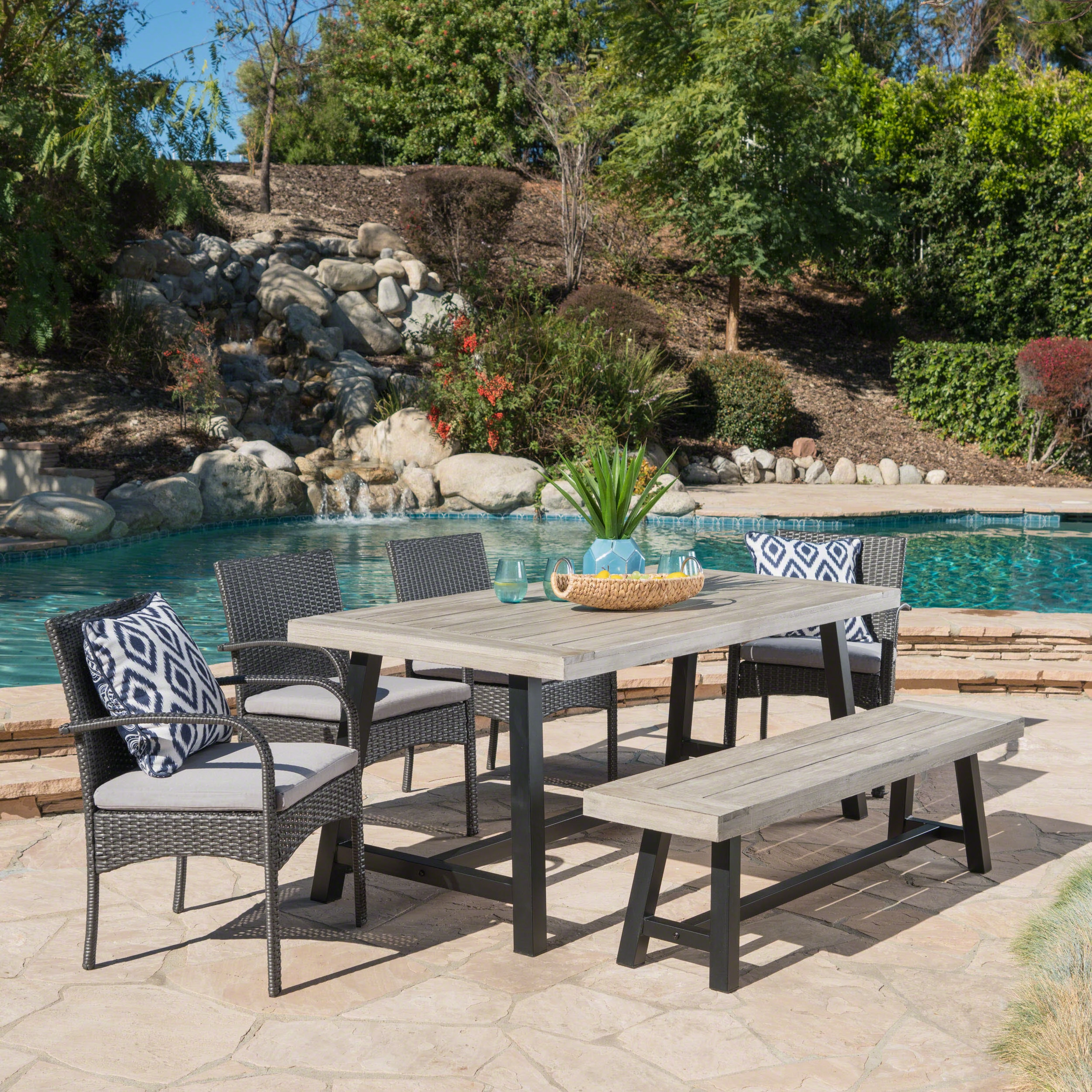Outdoor 6 Piece Wicker & Acacia Wood Dining Set - NH609303 outdoor lounge chair, patio sofa