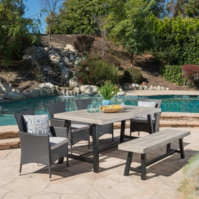 Outdoor 6 Piece Wicker Dining Set with Acacia Wood Table and Bench - NH709303 outdoor lounge chair, patio sofa
