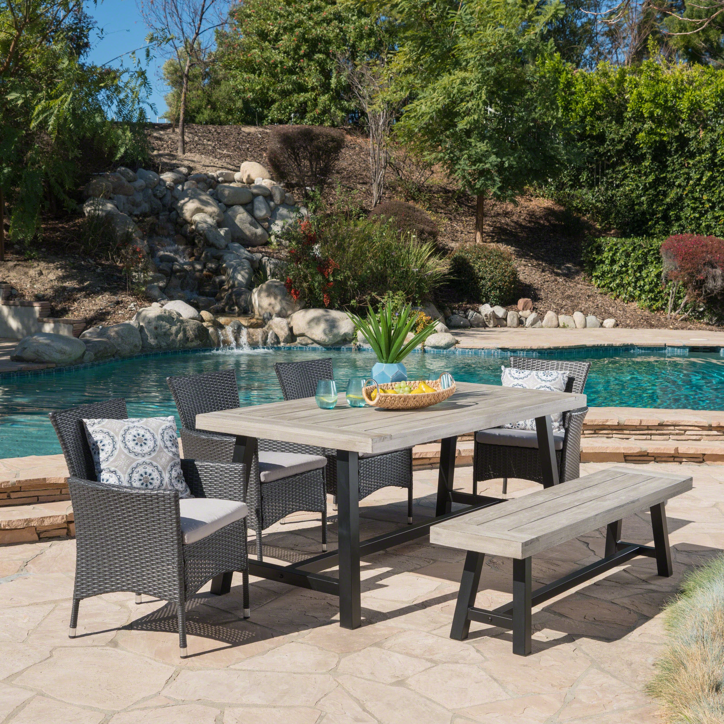 Outdoor 6 Piece Wicker Dining Set with Acacia Wood Table and Bench - NH709303 outdoor lounge chair, patio sofa