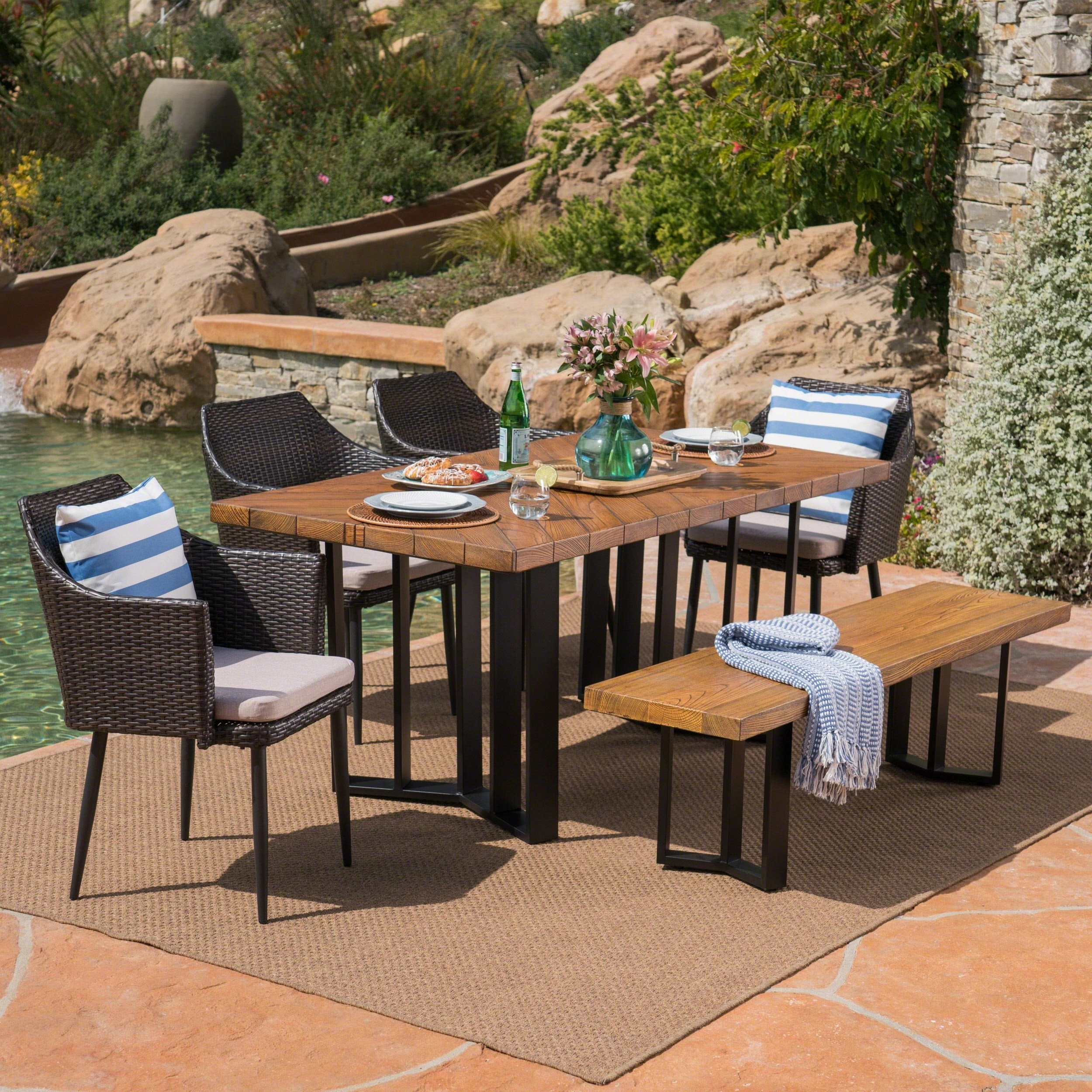 Outdoor 6 Piece Wicker Dining Set with Concrete Dining Table and Bench - NH311403 outdoor lounge chair, patio sofa