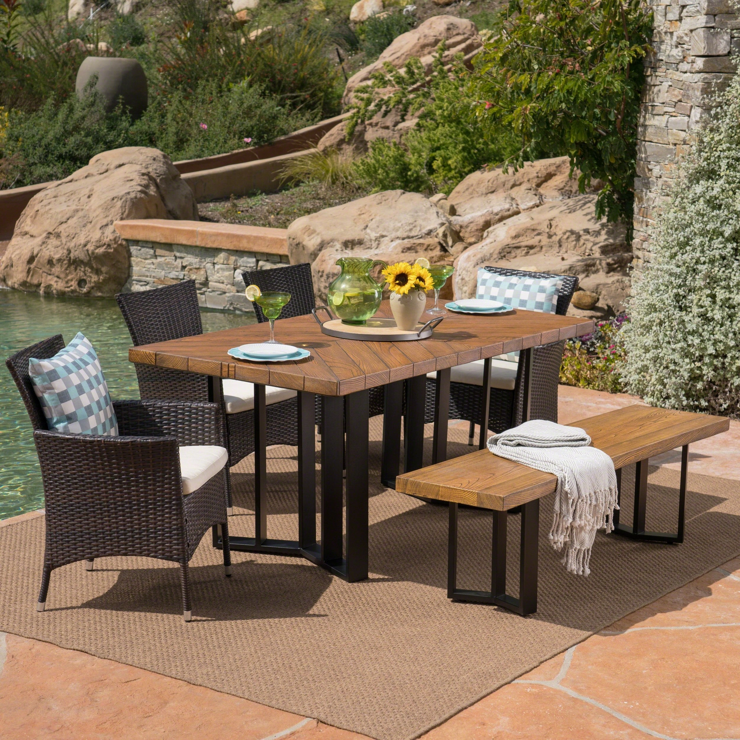 Outdoor 6 Piece Wicker Dining Set with Concrete Dining Table and Bench - NH711403 outdoor lounge chair, patio sofa