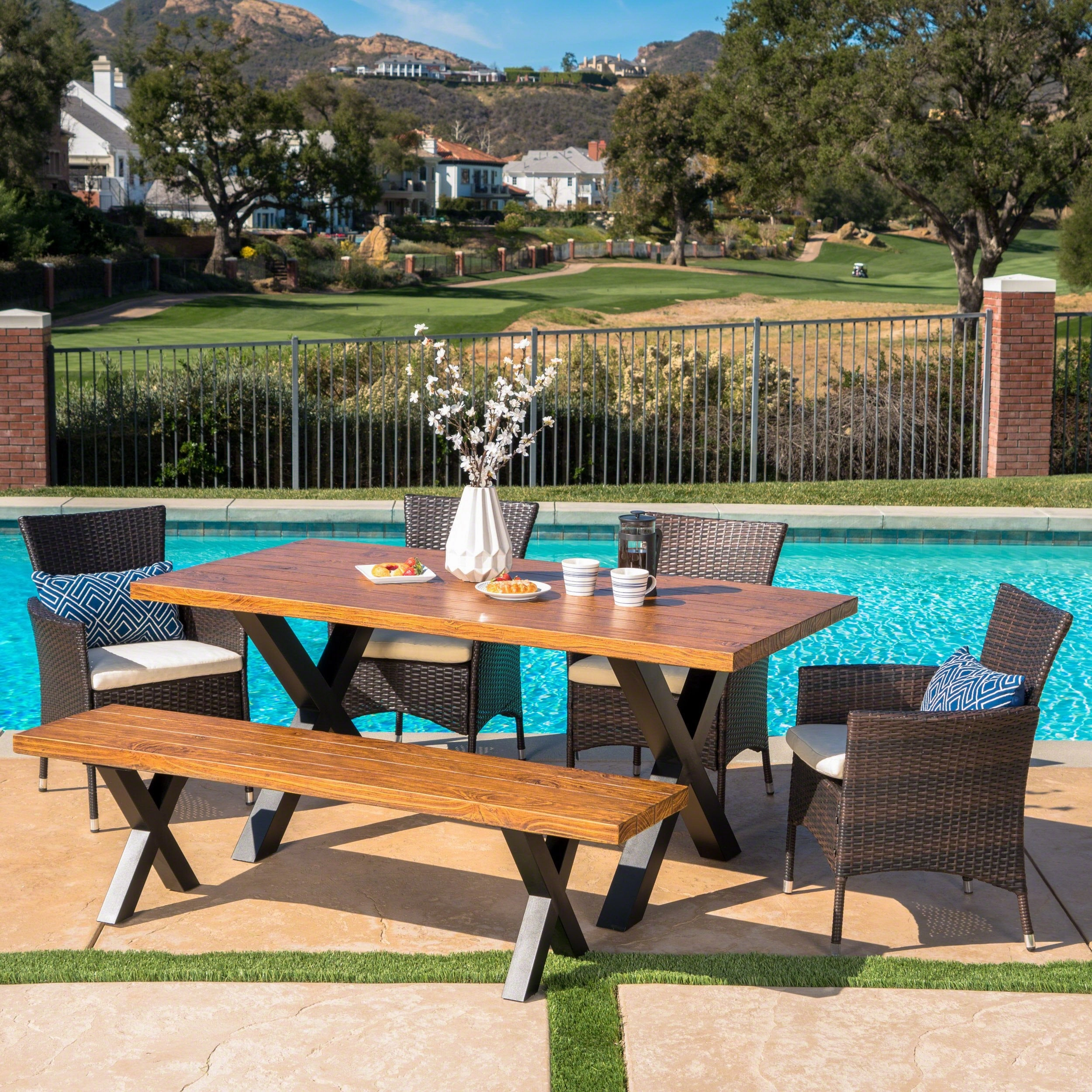 Outdoor 6 Piece Wicker Dining Set with Concrete Table and Bench - NH677303 outdoor lounge chair, patio sofa