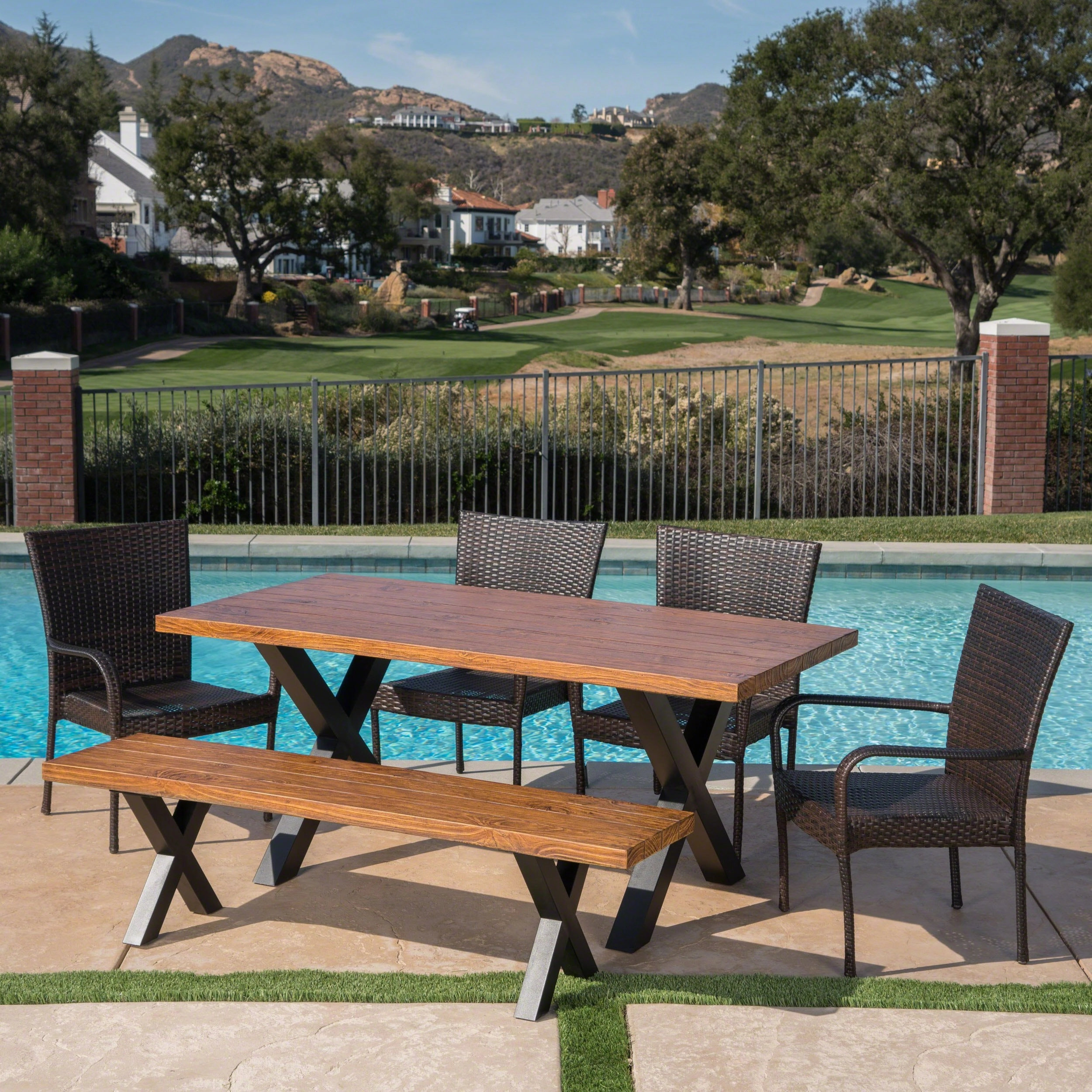 Outdoor 6 Piece Wicker Dining Set with Concrete Table and Bench - NH877303 outdoor lounge chair, patio sofa