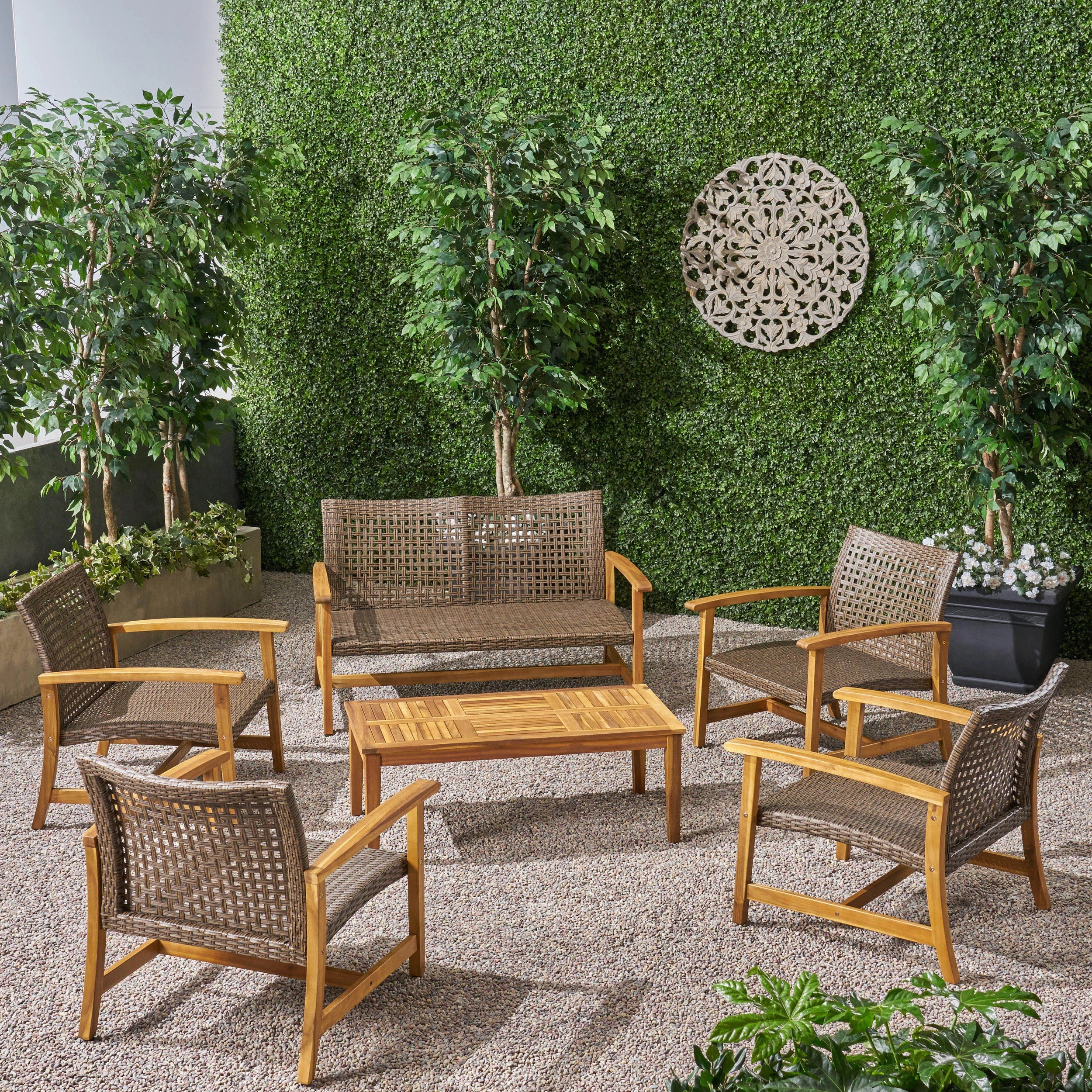 Outdoor 6 Piece Wood and Wicker Chat Set - NH371803 outdoor furniture, garden bench