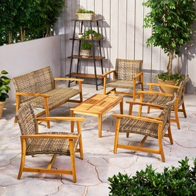 Outdoor 6 Piece Wood and Wicker Chat Set - NH571803 outdoor furniture, garden bench