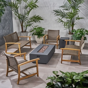 Outdoor 6 Piece Wood and Wicker Chat Set with Fire Pit - NH581803 outdoor furniture, garden bench