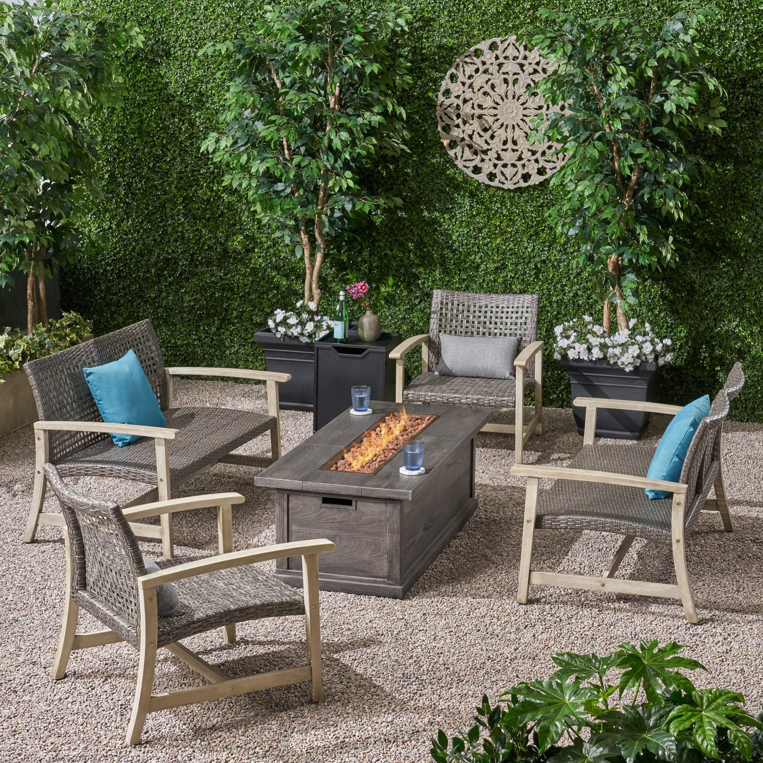 Outdoor 6 Piece Wood and Wicker Chat Set with Fire Pit - NH971803 outdoor furniture, garden bench