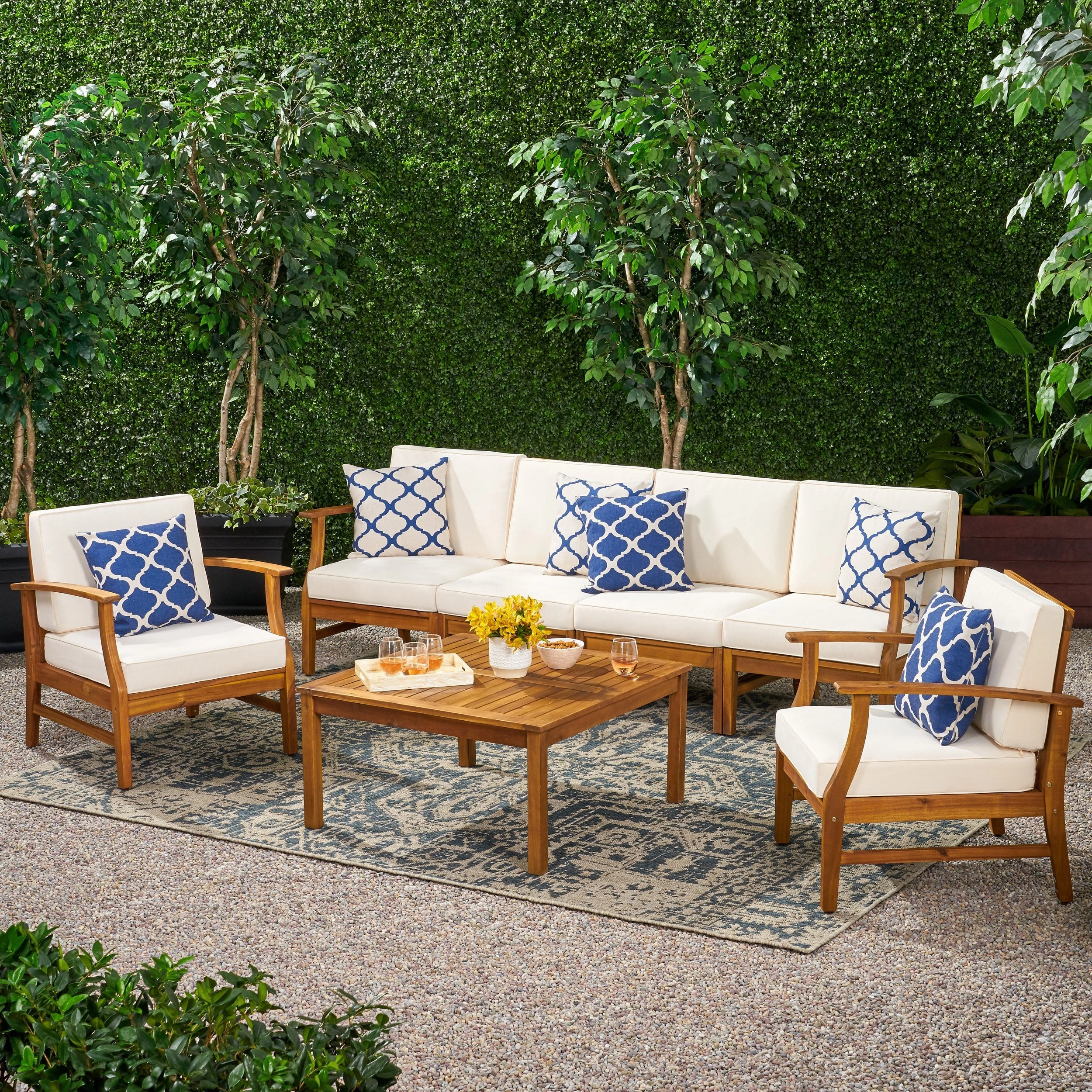 Outdoor 6 Seat Teak Finished Acacia Wood Sofa and Table Set - NH327303 outdoor furniture, garden bench