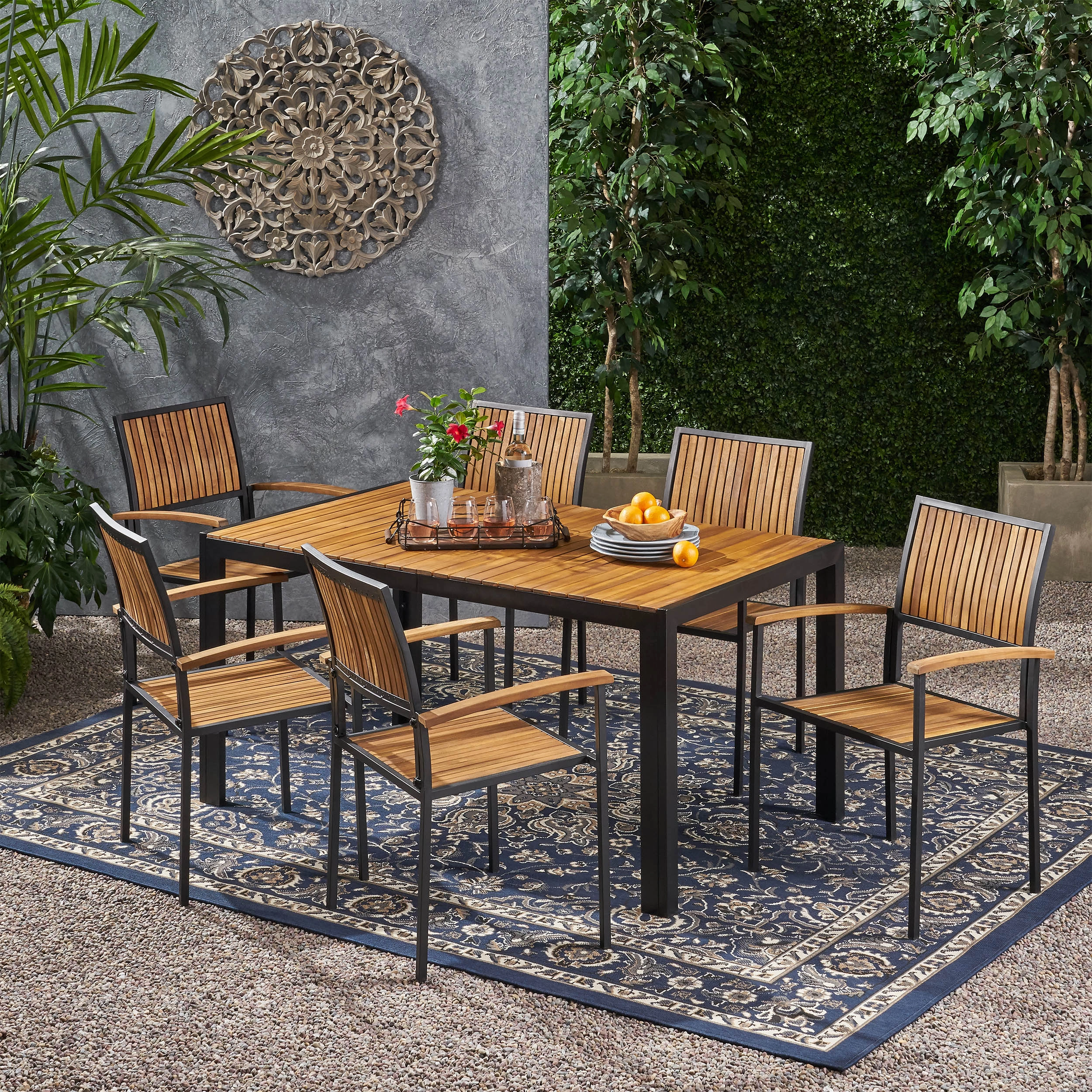 Outdoor 6 Seater Acacia Wood Dining Set with an Iron Frame - NH117903 outdoor lounge chair, patio sofa