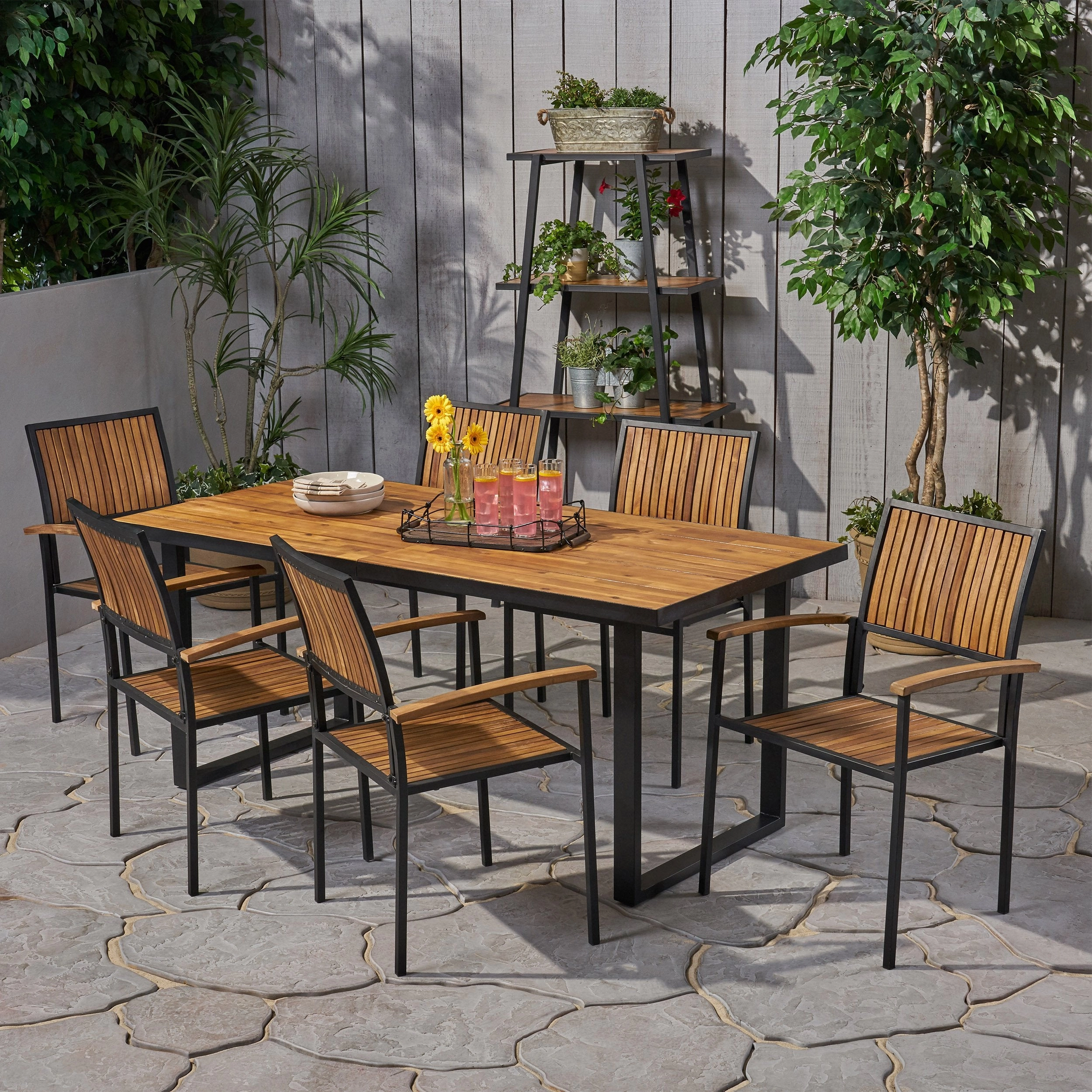 Outdoor 6 Seater Acacia Wood Dining Set with an Iron Frame - NH217903 outdoor lounge chair, patio sofa