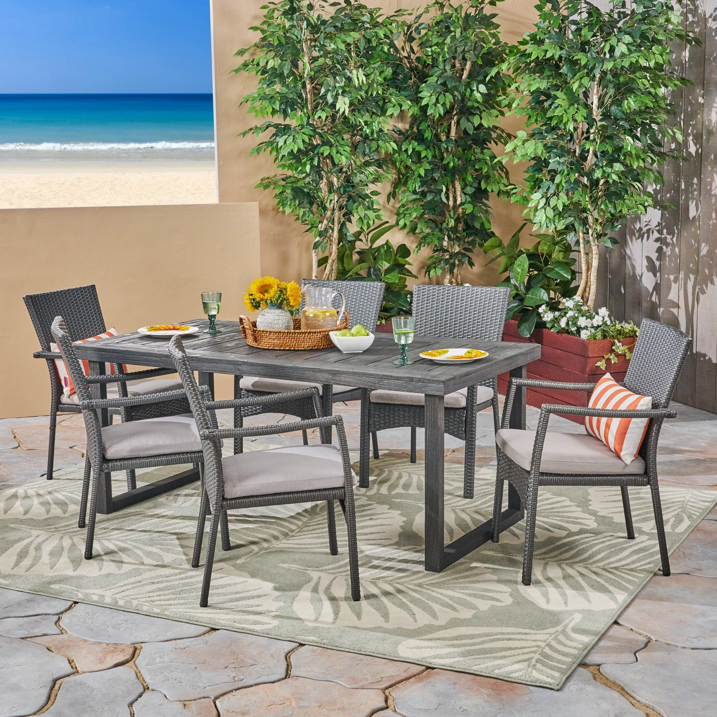 Outdoor 6-Seater Acacia Wood Dining Set with Wicker Chairs, Sandblast Dark Gray Finish and Gray - NH670603 outdoor lounge chair, patio sofa
