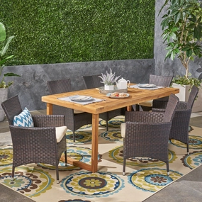 Outdoor 6-Seater Acacia Wood Dining Set with Wicker Chairs, Sandblast Natural Finish and Multi Brown and Beige - NH370603 outdoor lounge chair, patio sofa