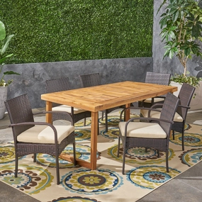 Outdoor 6-Seater Acacia Wood Dining Set with Wicker Chairs, Sandblast Natural Finish and Multi Brown and Cream - NH770603 outdoor lounge chair, patio sofa
