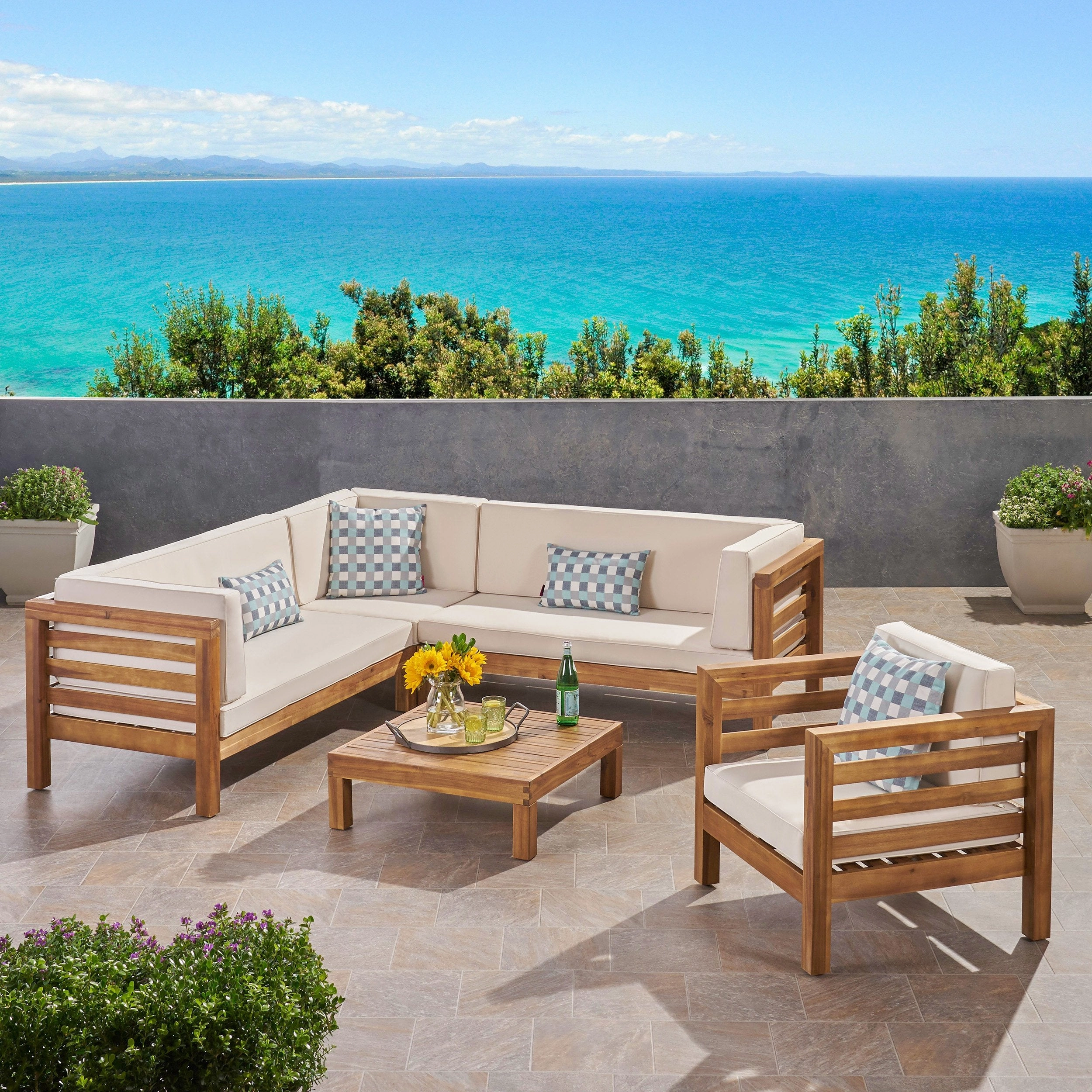 Outdoor 6 Seater Acacia Wood Sectional Sofa and Club Chair Set - NH474803