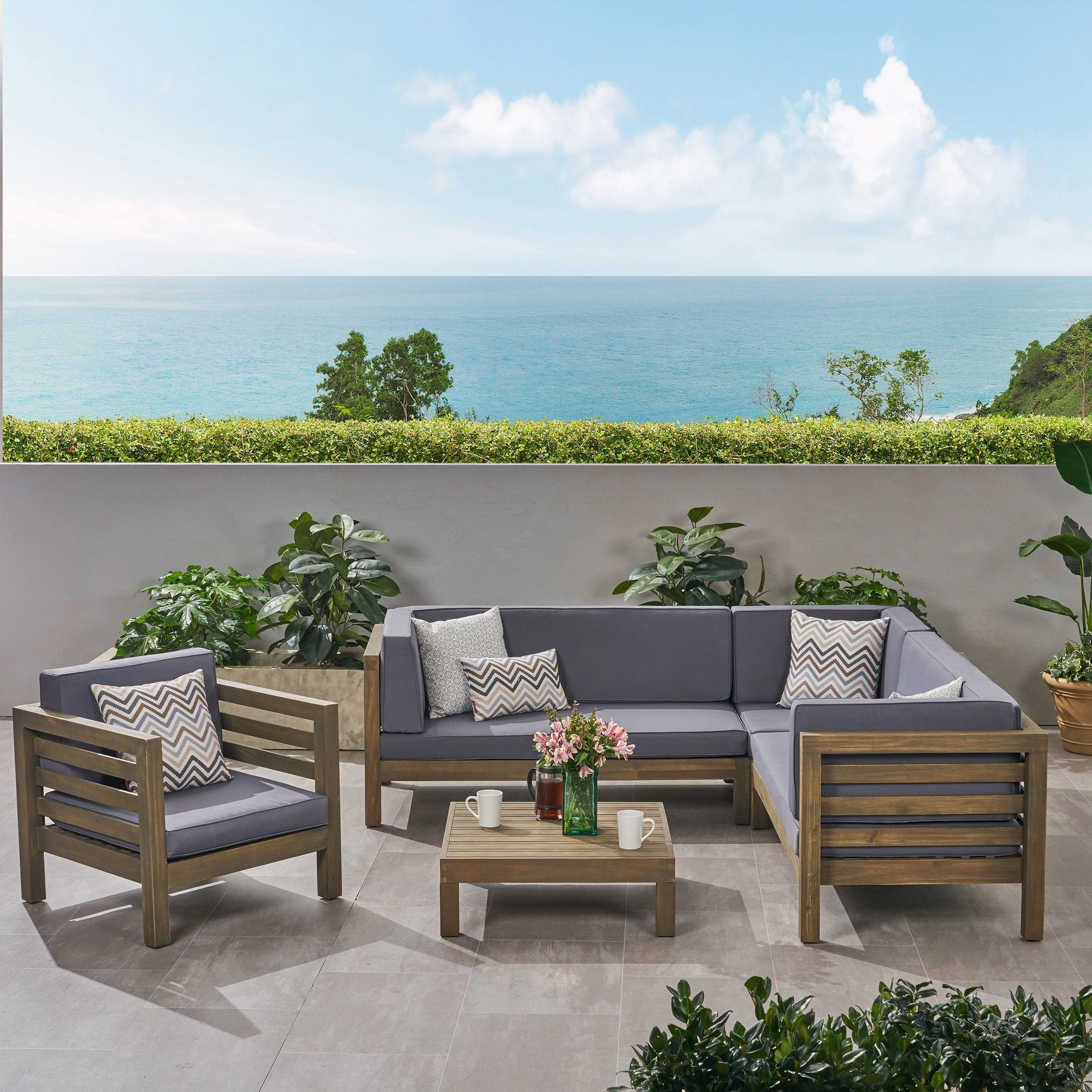 Outdoor 6 Seater Acacia Wood Sectional Sofa and Club Chair Set - NH474803