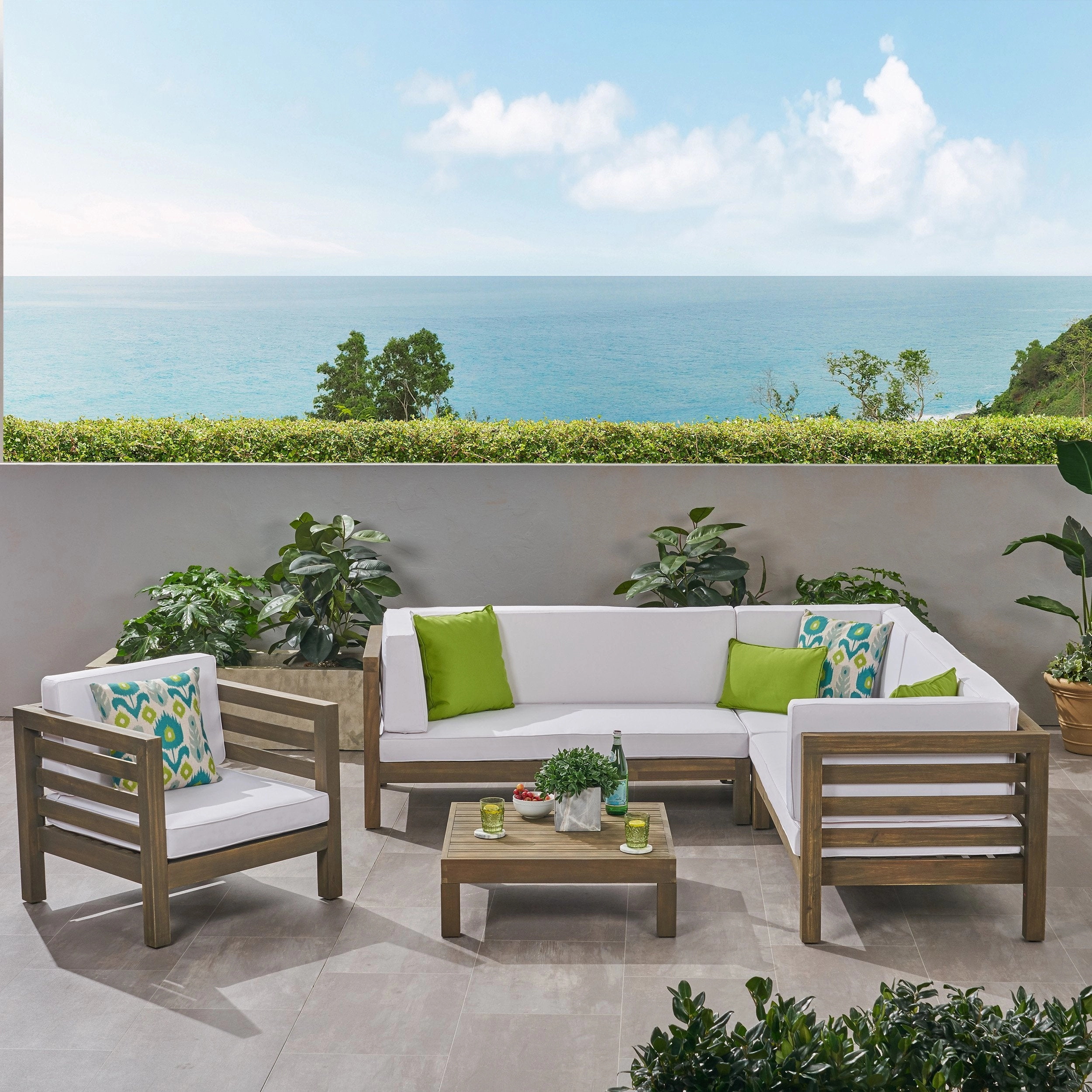 Outdoor 6 Seater Acacia Wood Sectional Sofa and Club Chair Set - NH474803